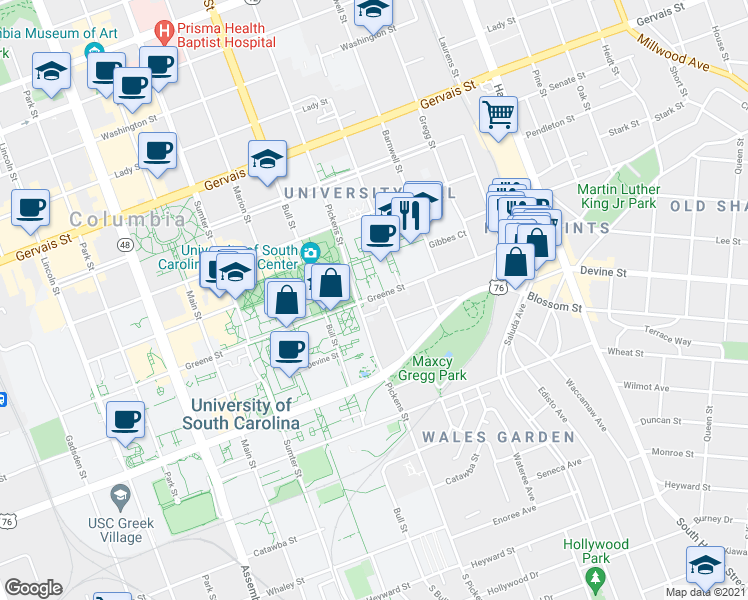 map of restaurants, bars, coffee shops, grocery stores, and more near 709 Henderson Street in Columbia