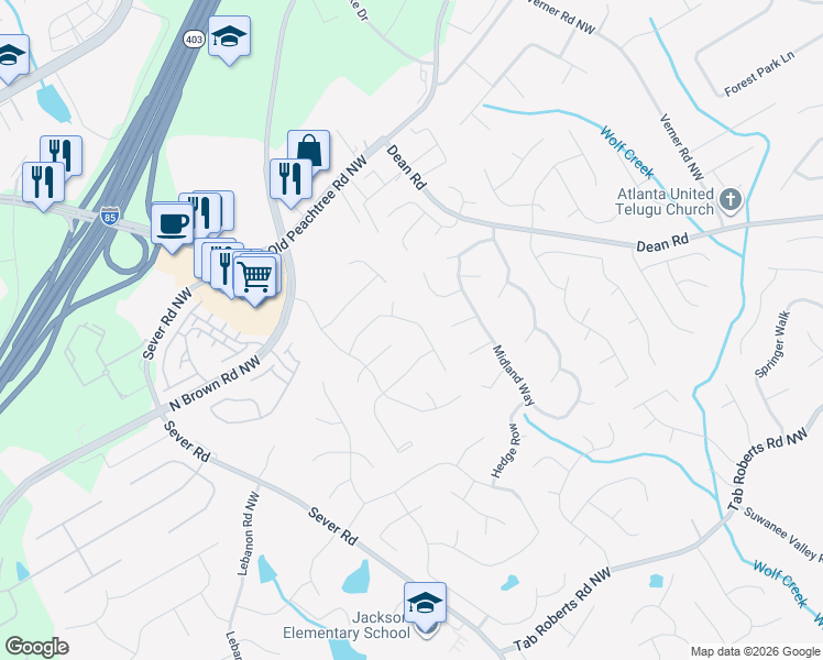 map of restaurants, bars, coffee shops, grocery stores, and more near 2280 Summit Oaks Court in Lawrenceville