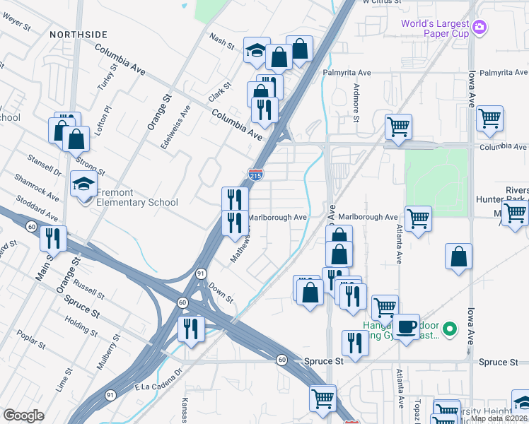 map of restaurants, bars, coffee shops, grocery stores, and more near 2019 Marlborough Ave in Riverside