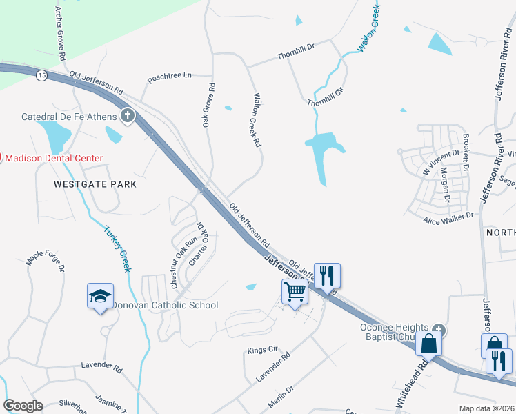 map of restaurants, bars, coffee shops, grocery stores, and more near 6050 Old Jefferson Road in Athens