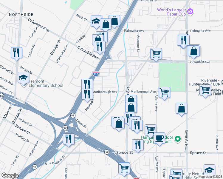 map of restaurants, bars, coffee shops, grocery stores, and more near 1909 Marlborough Avenue in Riverside