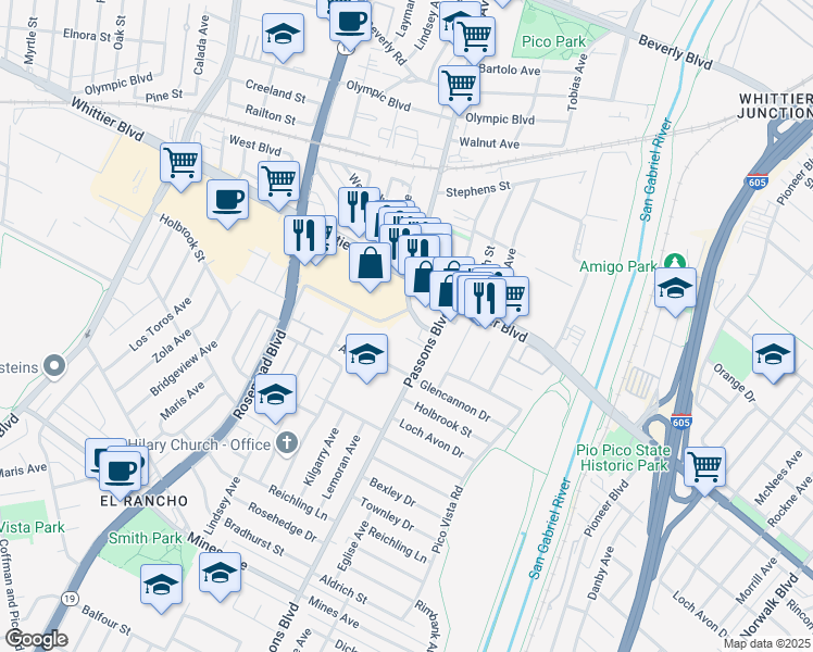 map of restaurants, bars, coffee shops, grocery stores, and more near 5044 Durfee Avenue in Pico Rivera