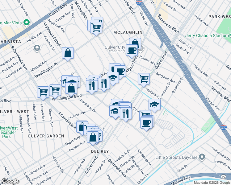 map of restaurants, bars, coffee shops, grocery stores, and more near in Los Angeles