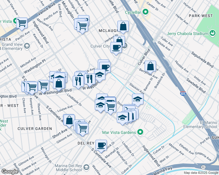 map of restaurants, bars, coffee shops, grocery stores, and more near 11811 Avon Way in Los Angeles