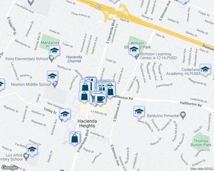 map of restaurants, bars, coffee shops, grocery stores, and more near 1920 Olympus Avenue in Hacienda Heights