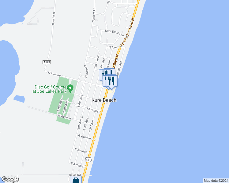 map of restaurants, bars, coffee shops, grocery stores, and more near 100 Atlantic Avenue in Kure Beach