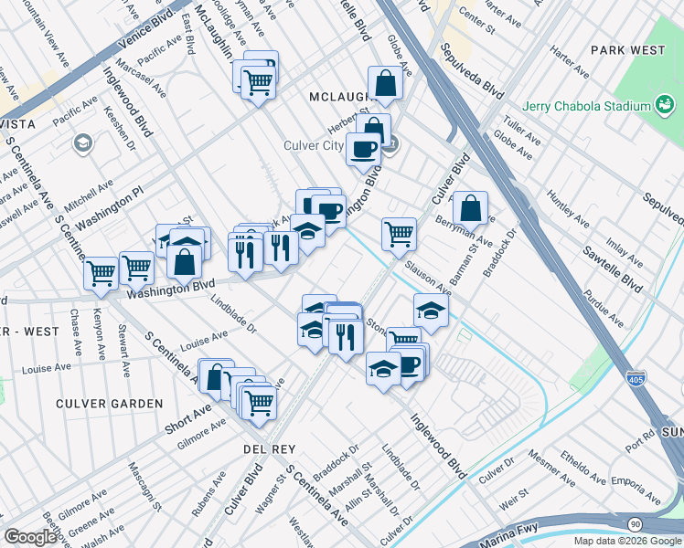 map of restaurants, bars, coffee shops, grocery stores, and more near 11811 Avon Way in Los Angeles