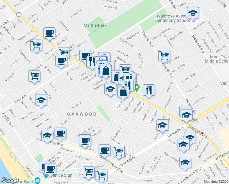map of restaurants, bars, coffee shops, grocery stores, and more near 915 Broadway Street in Los Angeles