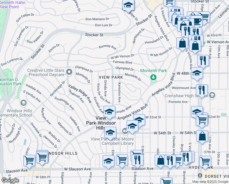 map of restaurants, bars, coffee shops, grocery stores, and more near 4904 Presidio Drive in View Park-Windsor Hills