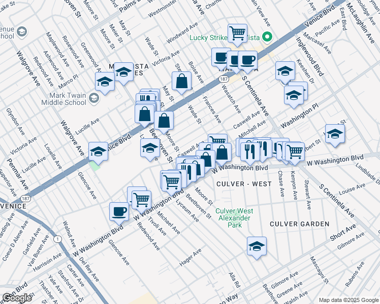 map of restaurants, bars, coffee shops, grocery stores, and more near 12751 Mitchell Avenue in Los Angeles