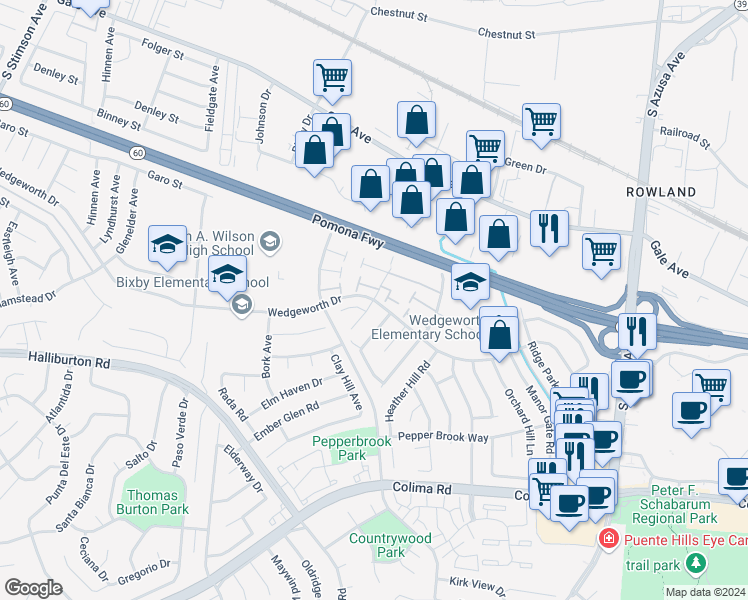 map of restaurants, bars, coffee shops, grocery stores, and more near 16698 Wedgeworth Drive in Hacienda Heights