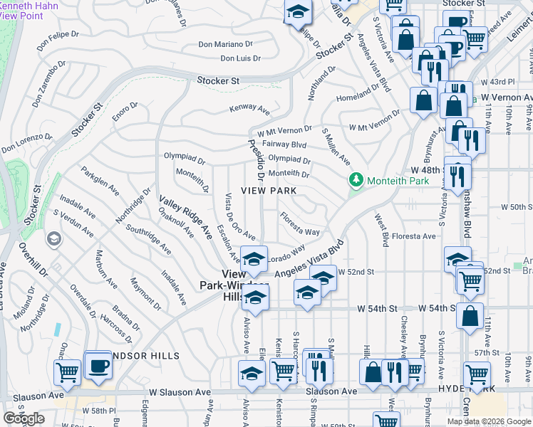map of restaurants, bars, coffee shops, grocery stores, and more near 4904 Presidio Drive in View Park-Windsor Hills