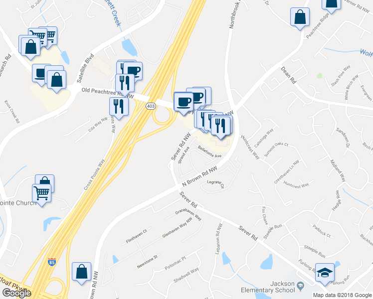 map of restaurants, bars, coffee shops, grocery stores, and more near 2354 Strand Ave in Lawrenceville