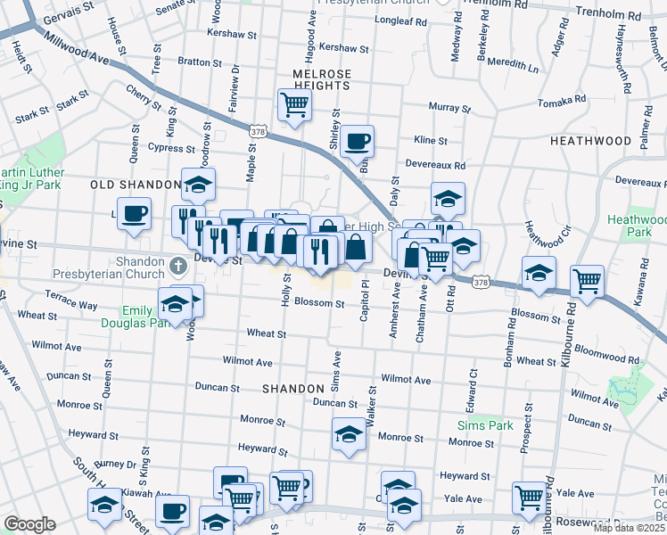 map of restaurants, bars, coffee shops, grocery stores, and more near Devine St & Sims Ave in Columbia