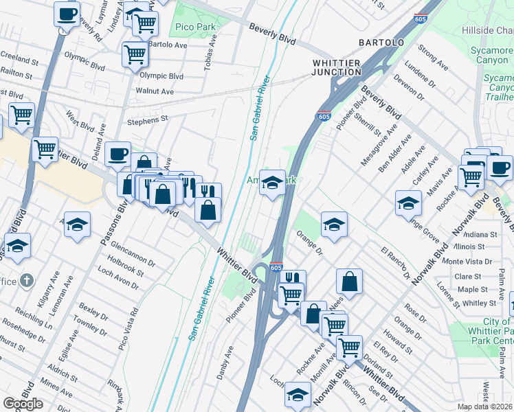 map of restaurants, bars, coffee shops, grocery stores, and more near 5729 Juarez Avenue in Whittier