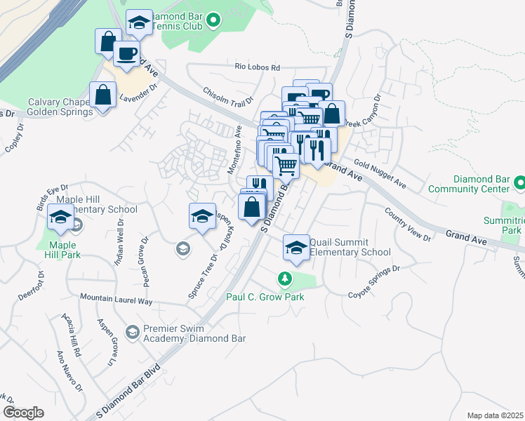 map of restaurants, bars, coffee shops, grocery stores, and more near 1345 South Diamond Bar Boulevard in Diamond Bar