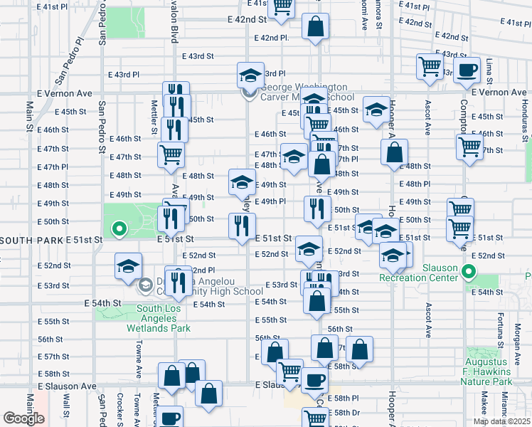 map of restaurants, bars, coffee shops, grocery stores, and more near 907 East 50th Street in Los Angeles