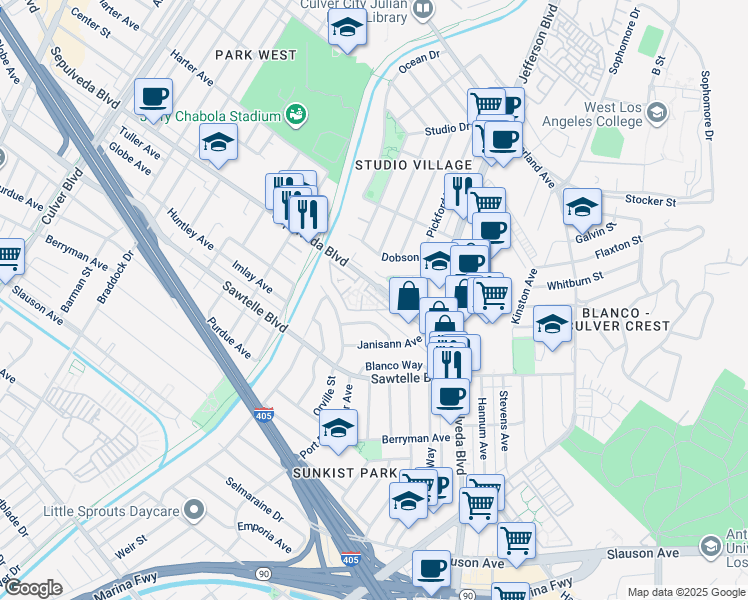 map of restaurants, bars, coffee shops, grocery stores, and more near 5215 Sepulveda Boulevard in Culver City