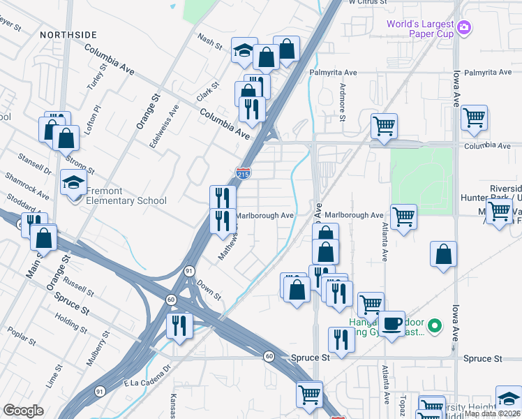 map of restaurants, bars, coffee shops, grocery stores, and more near 1993 Marlborough Avenue in Riverside