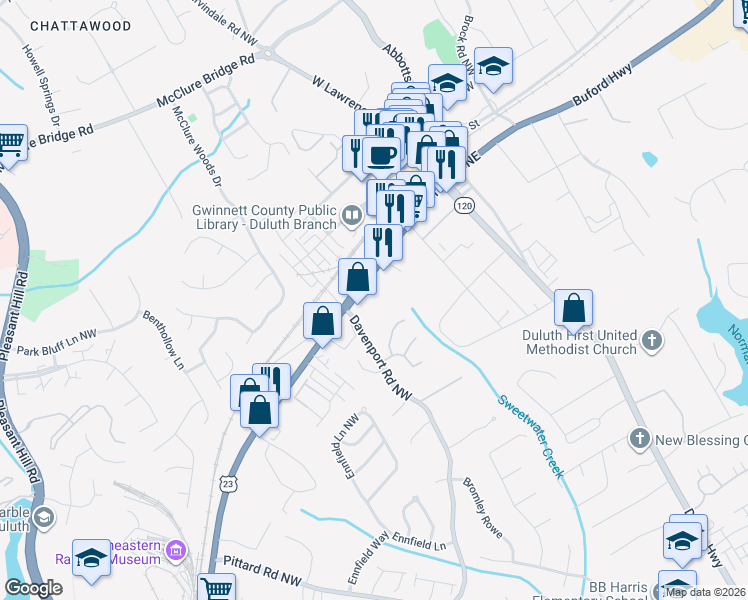 map of restaurants, bars, coffee shops, grocery stores, and more near 3250 Buford Highway in Duluth