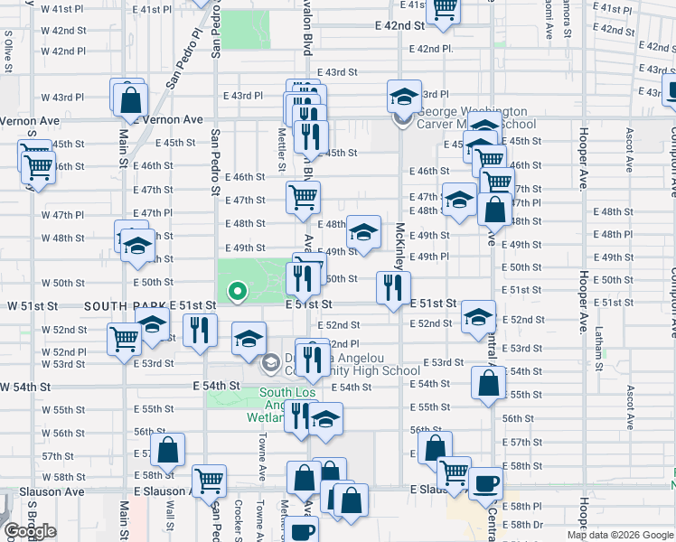 map of restaurants, bars, coffee shops, grocery stores, and more near 628 East 50th Street in Los Angeles