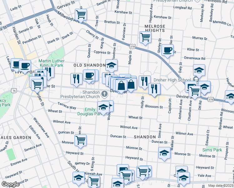 map of restaurants, bars, coffee shops, grocery stores, and more near 2720 Devine Street in Columbia