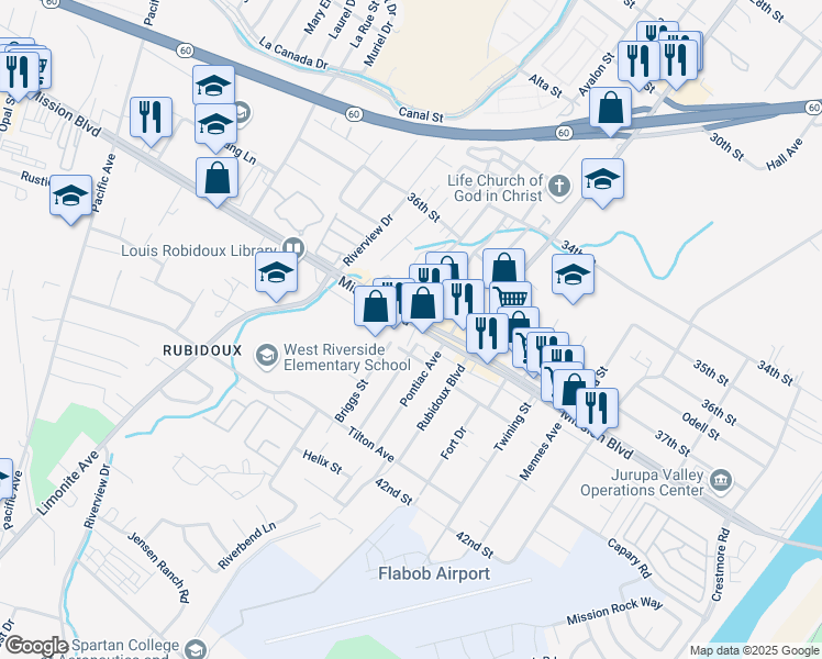 map of restaurants, bars, coffee shops, grocery stores, and more near 5686 Mission Boulevard in Riverside