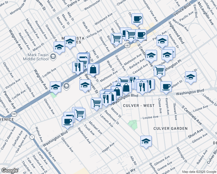 map of restaurants, bars, coffee shops, grocery stores, and more near 12751 Mitchell Avenue in Los Angeles