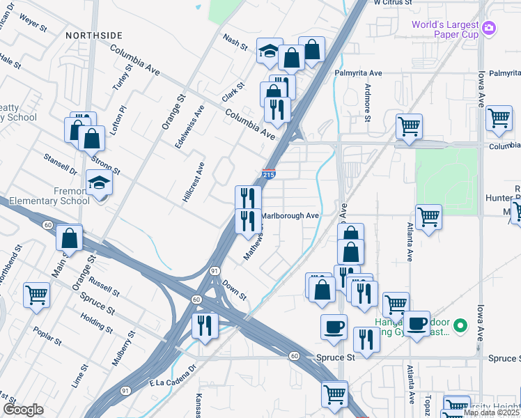 map of restaurants, bars, coffee shops, grocery stores, and more near 2059 Marlborough Avenue in Riverside