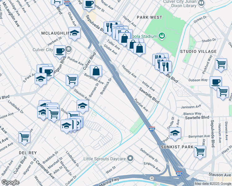 map of restaurants, bars, coffee shops, grocery stores, and more near 4710 Berryman Avenue in Los Angeles