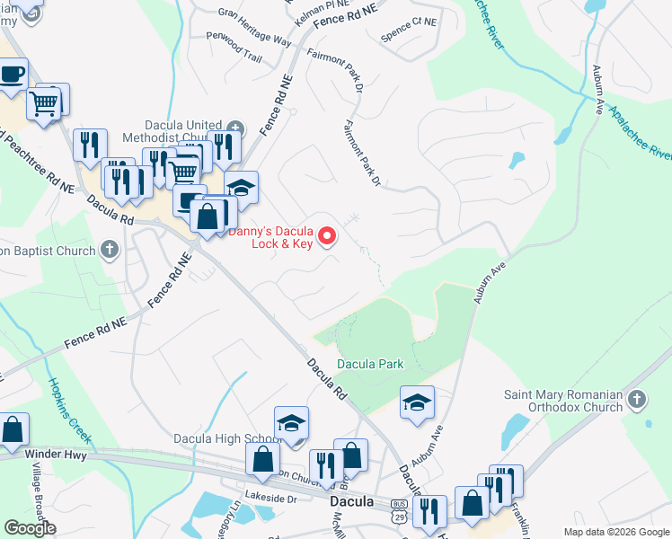 map of restaurants, bars, coffee shops, grocery stores, and more near 2760 Freemans Walk Drive in Dacula