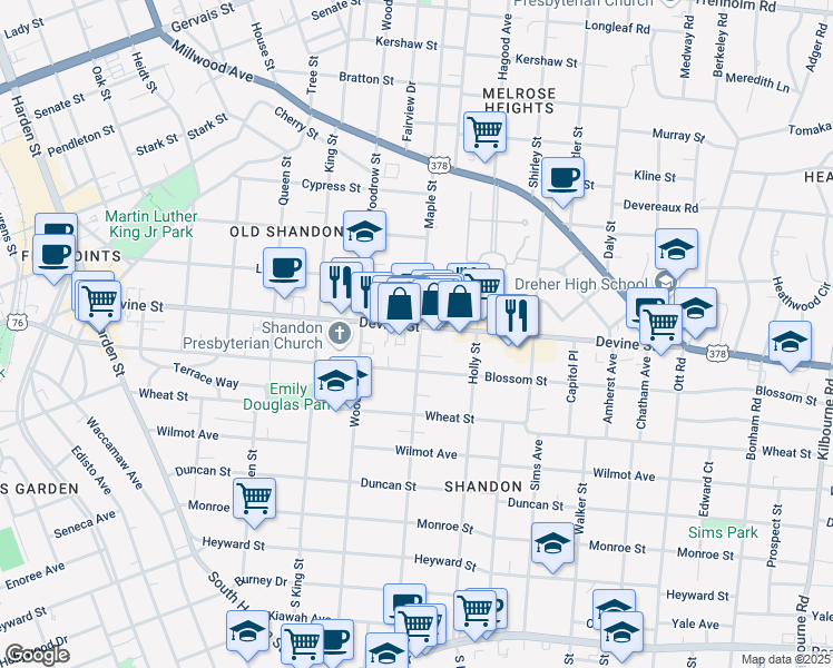 map of restaurants, bars, coffee shops, grocery stores, and more near 2803 Shandon Place in Columbia