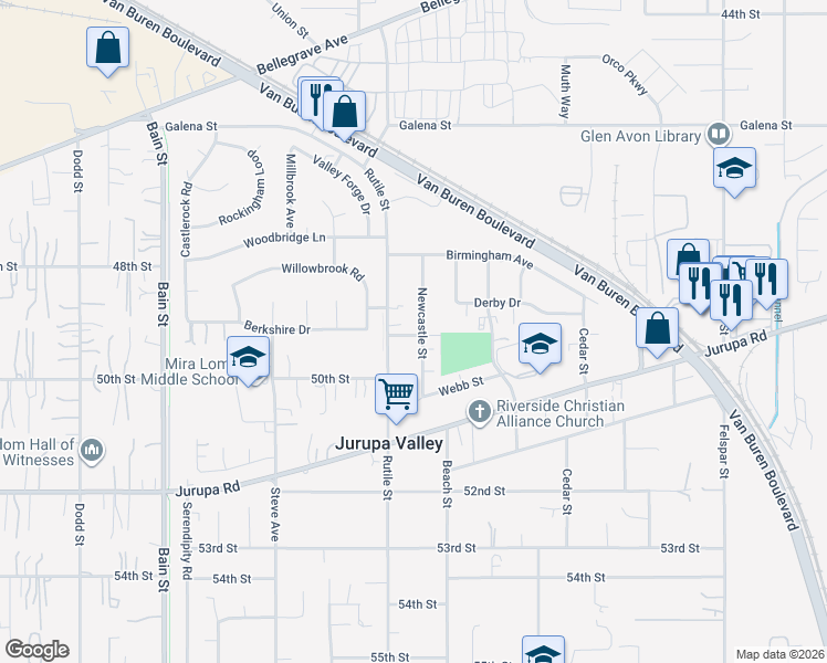 map of restaurants, bars, coffee shops, grocery stores, and more near 4981 Newcastle Street in Riverside