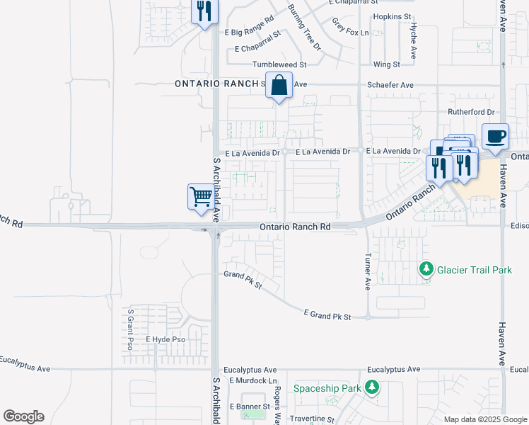 map of restaurants, bars, coffee shops, grocery stores, and more near 2818 East Berry Loop Privado in Ontario