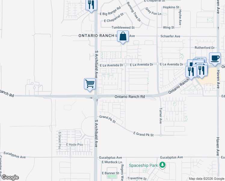 map of restaurants, bars, coffee shops, grocery stores, and more near 2818 East Berry Loop Privado in Ontario