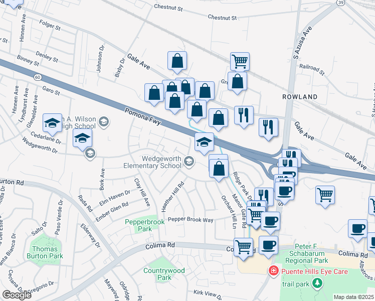 map of restaurants, bars, coffee shops, grocery stores, and more near 1423 Eagle Park Road in Hacienda Heights