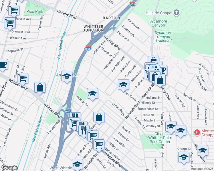 map of restaurants, bars, coffee shops, grocery stores, and more near 5647 Adele Avenue in Whittier