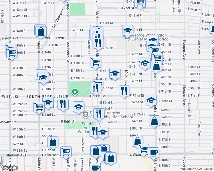 map of restaurants, bars, coffee shops, grocery stores, and more near 628 East 50th Street in Los Angeles