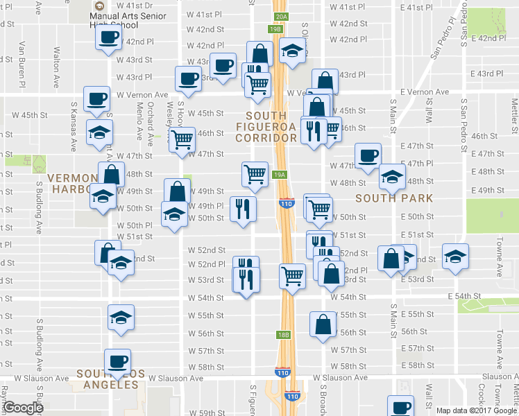 map of restaurants, bars, coffee shops, grocery stores, and more near 455 West 50th Street in Los Angeles