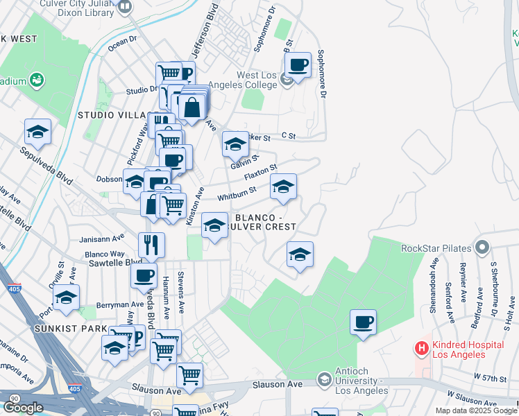 map of restaurants, bars, coffee shops, grocery stores, and more near 10733 Ranch Road in Culver City