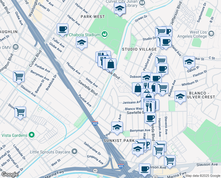 map of restaurants, bars, coffee shops, grocery stores, and more near 11121 Orville Street in Culver City