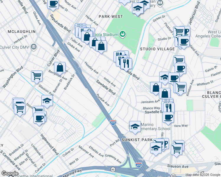 map of restaurants, bars, coffee shops, grocery stores, and more near 5015 Sawtelle Boulevard in Culver City