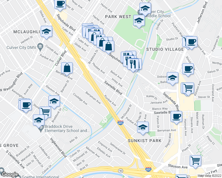 map of restaurants, bars, coffee shops, grocery stores, and more near 11328 Youngworth Street in Culver City