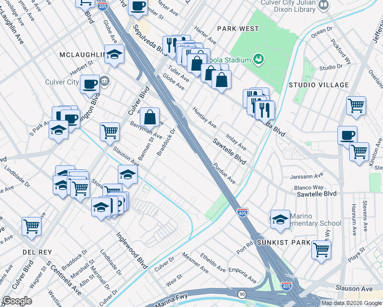 map of restaurants, bars, coffee shops, grocery stores, and more near 4726 Berryman Avenue in Culver City