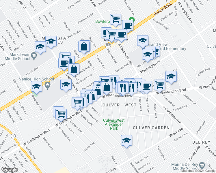 map of restaurants, bars, coffee shops, grocery stores, and more near 12710 Mitchell Avenue in Los Angeles
