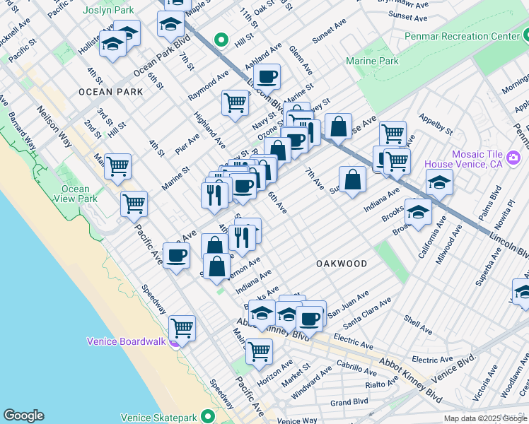 map of restaurants, bars, coffee shops, grocery stores, and more near 541 Sunset Avenue in Los Angeles