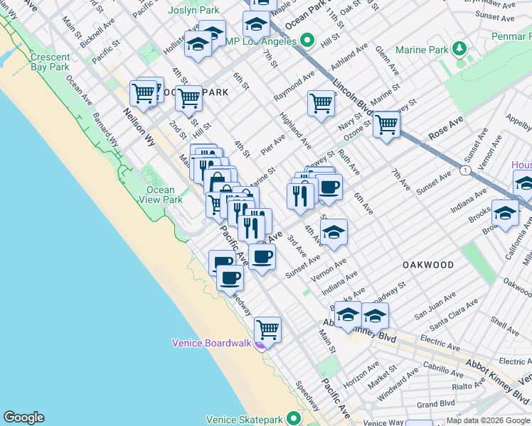 map of restaurants, bars, coffee shops, grocery stores, and more near 234 Hampton Drive in Los Angeles
