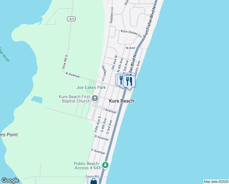 map of restaurants, bars, coffee shops, grocery stores, and more near 125 South 4th Avenue in Kure Beach