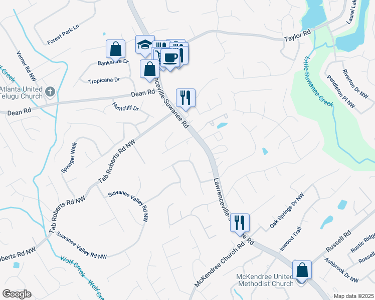 map of restaurants, bars, coffee shops, grocery stores, and more near 679 Suwanee Court Northwest in Lawrenceville