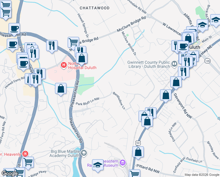 map of restaurants, bars, coffee shops, grocery stores, and more near 3625 Shortleaf Way in Duluth